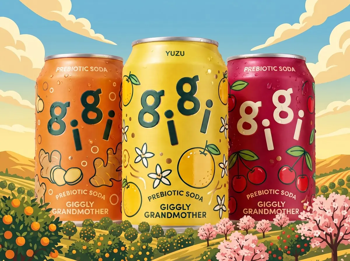 Illustrated orchard landscape with the three gigi cans standing tall