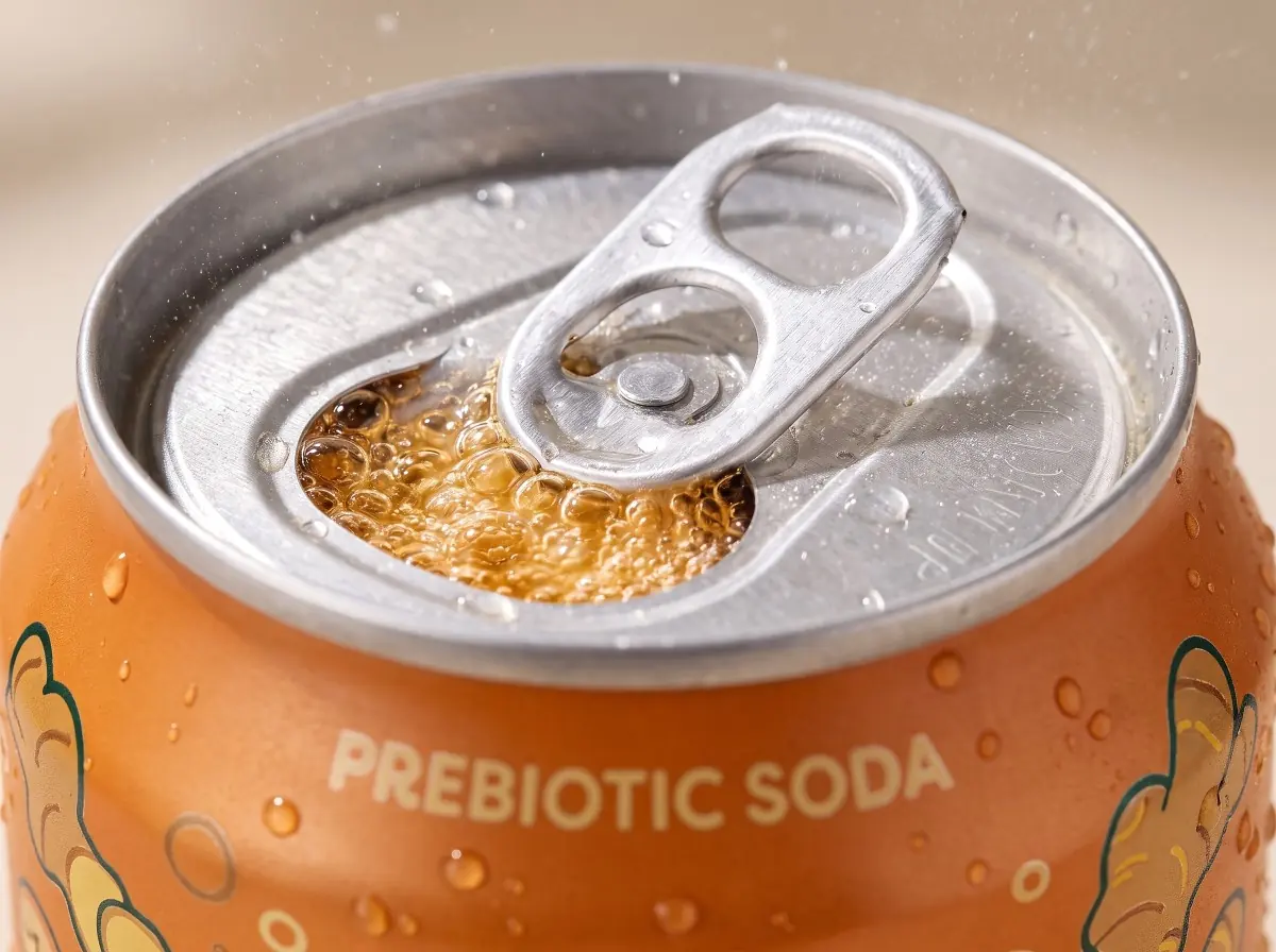 An opened Ginger can, bubbles rising at the pull tab