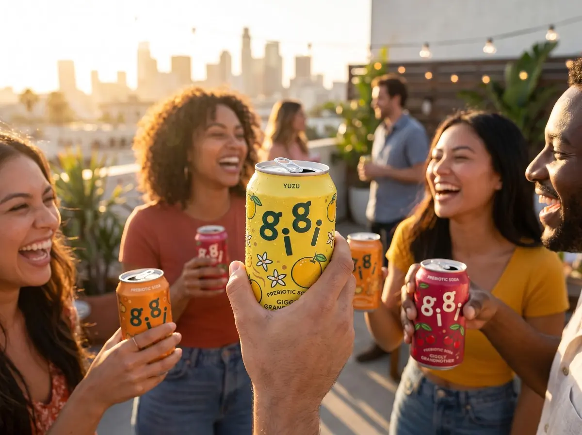Friends laughing on a rooftop at golden hour, raising cans of gigi